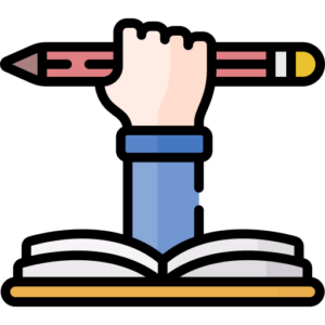Livre ouvert et main tenant un crayon