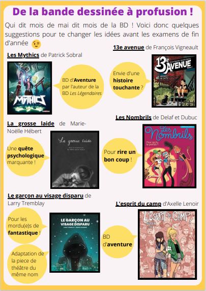 Deuxième page d'une liste de suggestions de lecture de bandes dessinées destinées aux élèves de secondaire