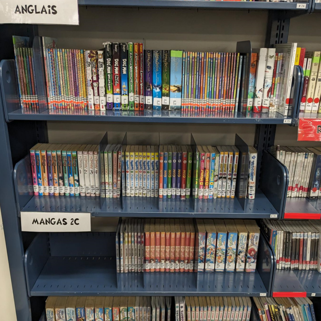 Photo montrant les rayonnages d'une bibliothèque scolaire, où les livres sont rangés sur le côté. Les étiquettes se lisent "Anglais" et "Mangas 2C".