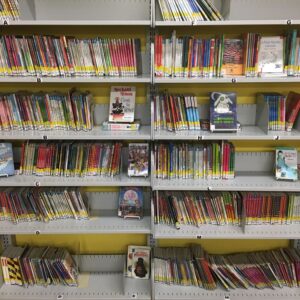 Photo montrant les hauts rayonnages d'une bibliothèque. Les livres sont rangés de côté, et certains font face au lecteur pour attirer leur attention.